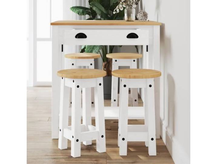 LPERTGFHU 5-TLG. Bar-Set Kiefernholz Bartisch mit 4 Barhockern Weiß Rustikale Optik mit Maserung, Klappbare Tischplatte, Platzsparend verstaubar
