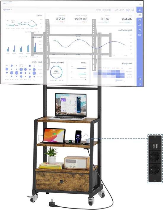 Mobiler TV-Ständer - TV-Möbel mit Rollen - Flexibles Fernseherlebnis - Integrierte Steckdose - Für Fernseher von 32-75 Zoll - Rustikales Holzdesign