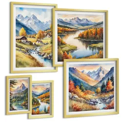BILDER SET 5er Set - 50x50 cm & 20x30 cm & 40x60 cm Goldrahmen - Nachthimmel, Berge, Winter, Weltraum