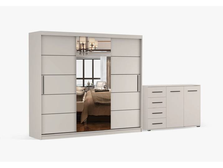 Schwebetürenschrank und Kommode 2er-Set ALBA I K/FRIDA 01 KK Kaschmir Kaschmir + Spiegel