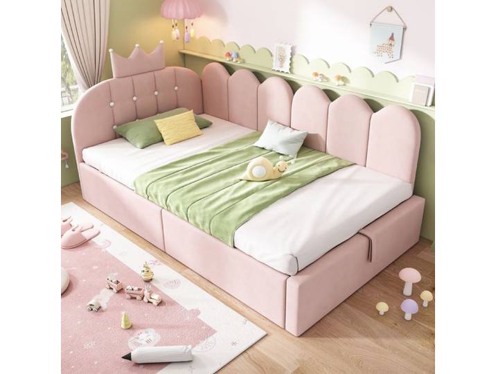 Bladez - Lit coffre 90x190 cm lit enfant lit simple avec hydraulique design couronne et grille velours pour enfant - rose