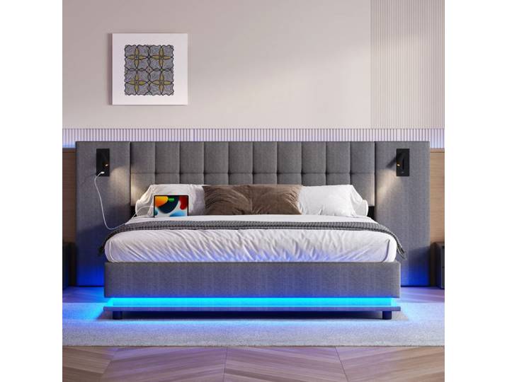 Lit tapissé - KOMHTOM - KOMHTOM - 180x200 cm - LED intégrée & port USB - Capacité 200 kg