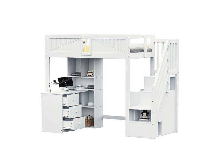 OKWISH Kinderbett Hochbett (Sicherheitsgitter und Fenster, Stauraum und Schreibtisch, Flexibel anpassbare Seitenleiter, 90x200 cm), ohne Matratze