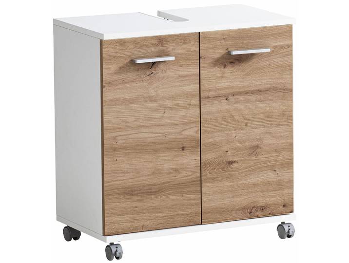 Waschbeckenunterschrank WELLTIME Palermo, Breite 59 cm , weiss (mattwei, artisaneichefarben), B:59,8cm H:63,4cm T:32,6cm, FSC-zertifizierter Holzwerkstoff, Schränke, Waschbeckenunterschrank, Metallbeschläge, Siphonausschnitt