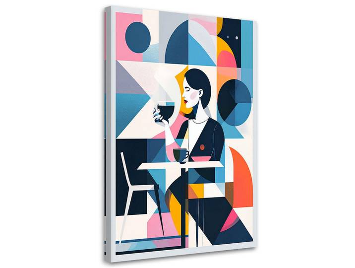 Feeby Leinwandbild Frau mit Kaffee im Bauhaus-Stil 70x100cm, Mehrfarbig, Person/Charakter, Rechteckig, 70x100 cm, Bilder & Rahmen, Bilder, Leinwandbilder