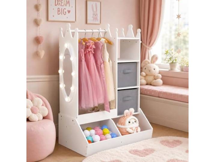 Mädchen‑Kleiderschrank Mit Beleuchtetem Spiegel Und Kleiderstange Kinderspielzeug‑Organizer mit offenen Ablagen, Aufbewahrungsboxen und Haken, Prinzessin Verkleide‑Station