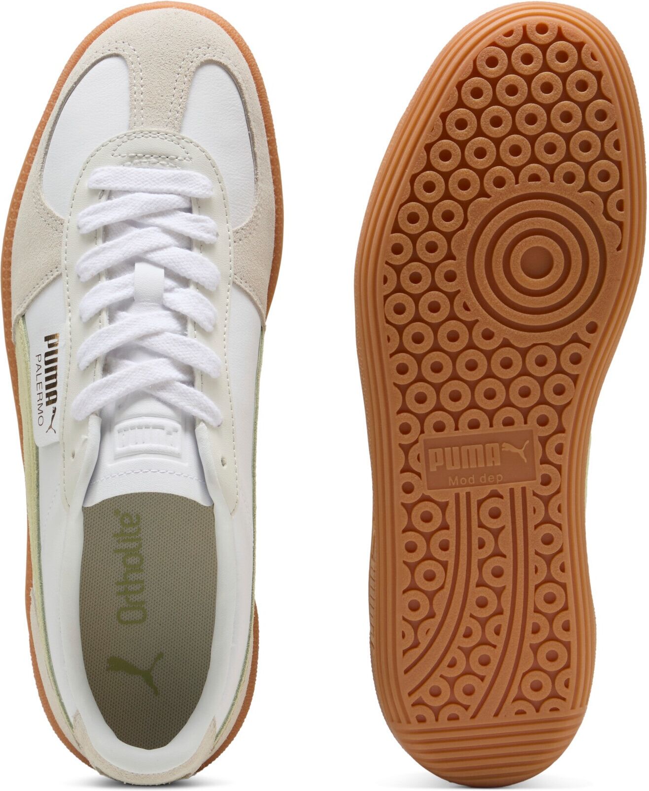 Sneaker PUMA "PALERMO LTH", Damen, Gr. 43, Synthetik, weiss (puma weiß, vapor gray, pistachio grün), Leder, mehrfarbig, Schuhe Sneaker puma weiß, vapor gray, pistachio grün 43, Synthetik
