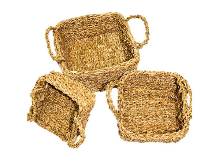 3-teiliges Körbe-Set aus Seegras, jeweils 2 Henkel, braun, viereckig