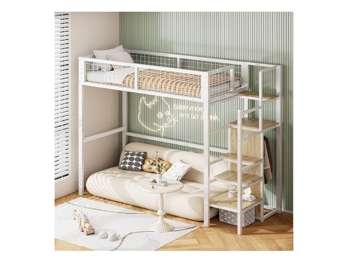 STILVORA Hochbett 90x200 Kinderbett mit Treppe&Kleiderschrank,Jugendbett mit Geländer