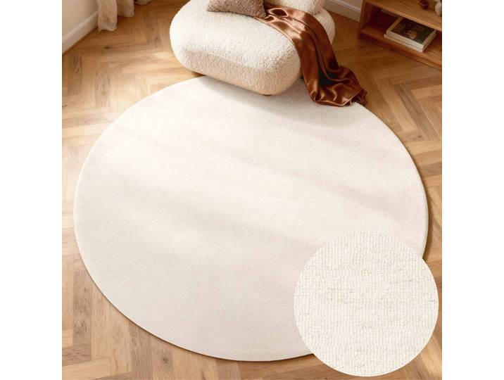 Wollteppich ELLE DECORATION Knots , natur, weiß, H:13mm Ø:200cm, Wolle, Teppiche, Wollteppich, Handtuft, Wolle, Rund, Feines Bouclé, Wohnzimmer, Schlafzimmer, Natur