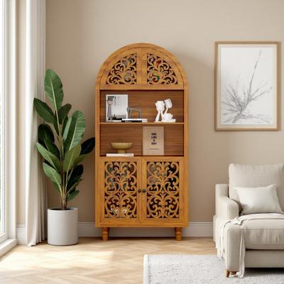 ZWYO HOSIMU "67"" Vintage Wood Cabinet with Hand-Carved Arched Design, 2 Open Shelves & 2 Hidden Storage, Freestanding Bookcase for Home"