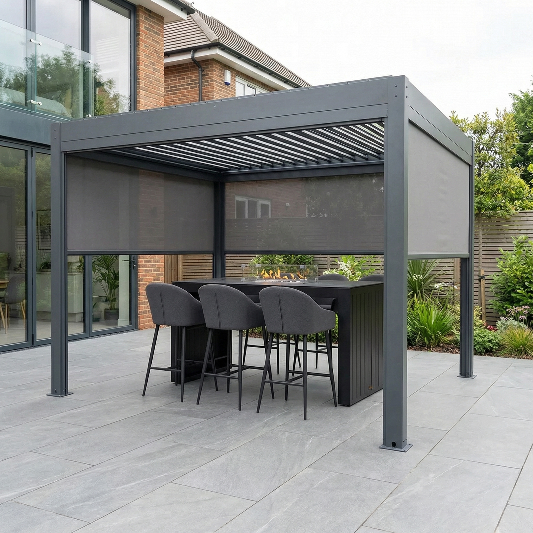 Harbour Lifestyle PergoSTET Plus 3m x 3m Square Pergola with 3 Manual Side Blinds and LED Lighting in Grey