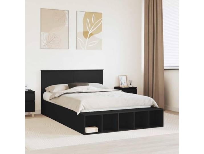 RJPLMFV Bettgestell mit Regal, 150 x 200 cm, Schwarz Holzwerkstoff, integrierte Aufbewahrung, verstellbare Füße, Kopfteil, leicht zu reinigen