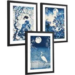 POSTER 3er Bilder-Set Wandbilder Japan Stil modern Wohnzimmer Deko, Schlafzimmer, Küche, Badezimmer Schwarzer Rahmen A3
