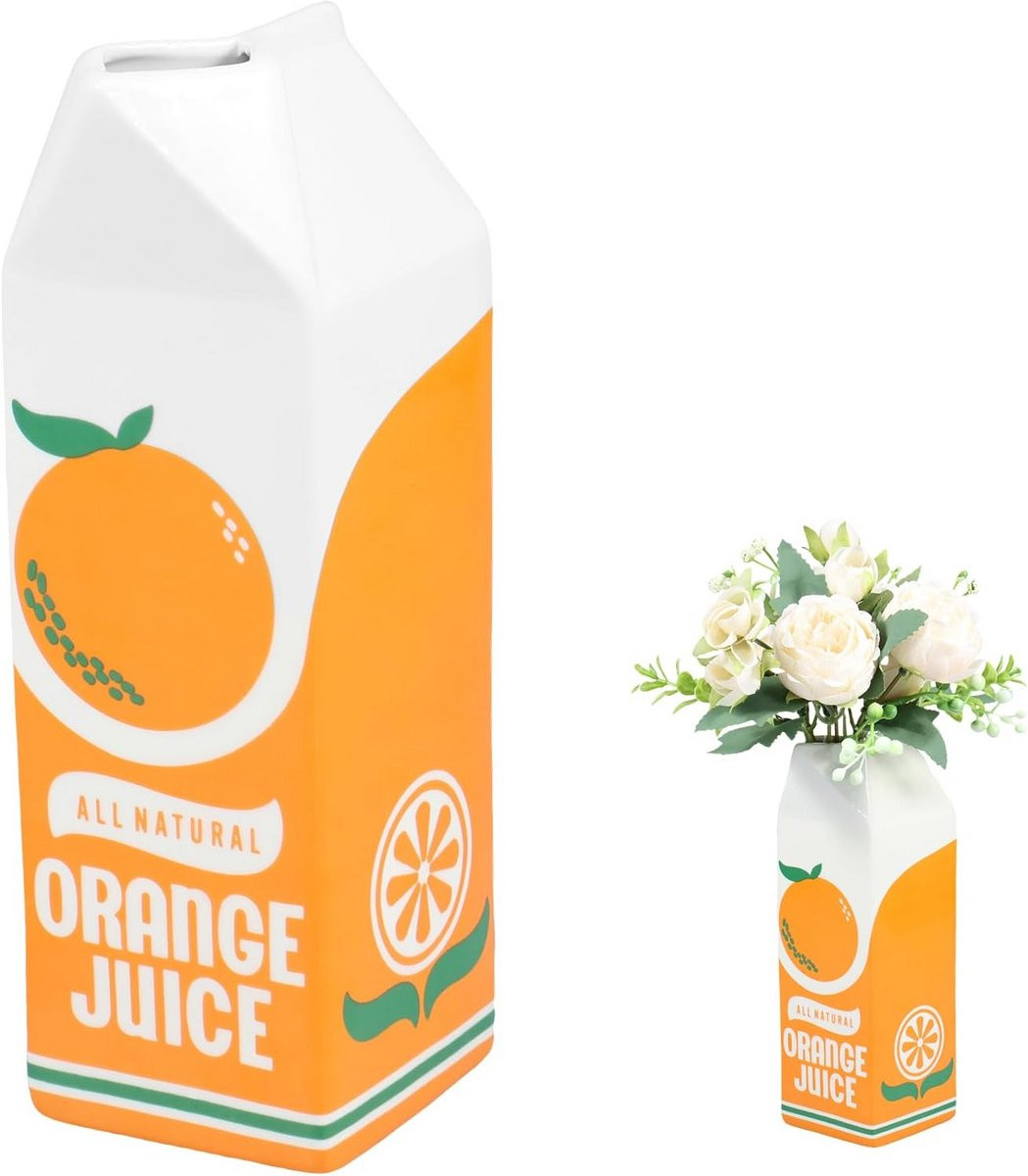 Creatieve Keramische Vaas in de vorm van een Sinaasappelsap Pak, Decoratieve Bloemenvase voor in de Woonkamer of Keuken
