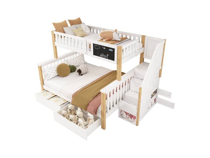 OKWISH Etagenbett Kinderbett, Jugendbett, Multifunktionales Bett, mit Tafel Treppe Schubladen 90x200cm+140x200cm