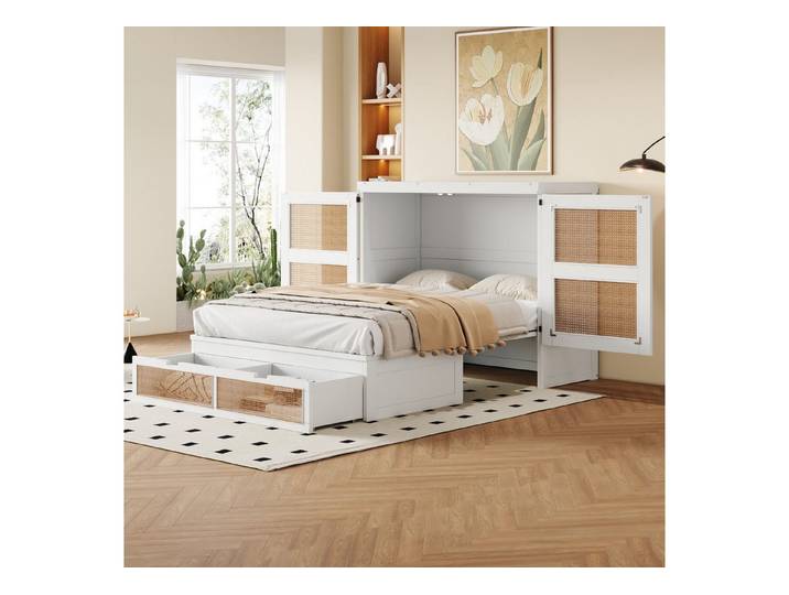 HAUSS SPOLE Schrankbett 140x200cm, vertikales schrankbett mit Schubladen, Rattan-Design, Weiß