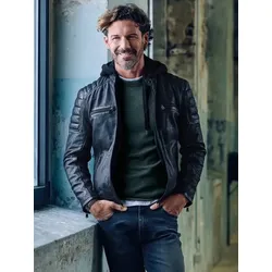 emilio adani Herren Lederjacke mit Kapuze Schwarz slim fit uni Kapuze - 52
