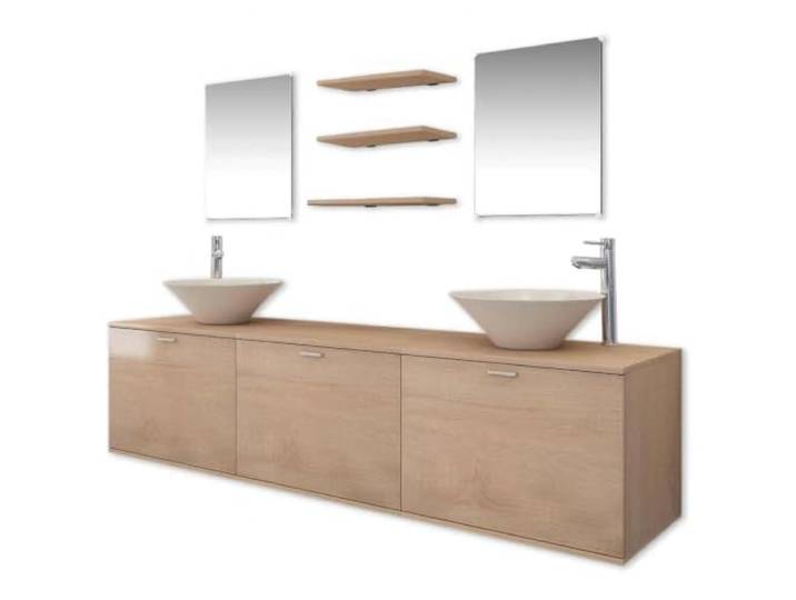 Fisinber 10-tlg. Badmöbel-Set mit Doppelwaschtisch, Spiegel, Beige Komplettes Badezimmer-Set mit 2 Keramik-Aufsatzwaschbecken, Wand-Unterschrank, Armaturen und 3 Wandregalen in Beige.