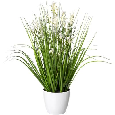 Kunstgras CREATIV GREEN "Blüten-Gras-Mix", weiß, H:46cm Ø:15cm, Kunststoff, Kunstpflanzen, in weißer Kunststoffschale