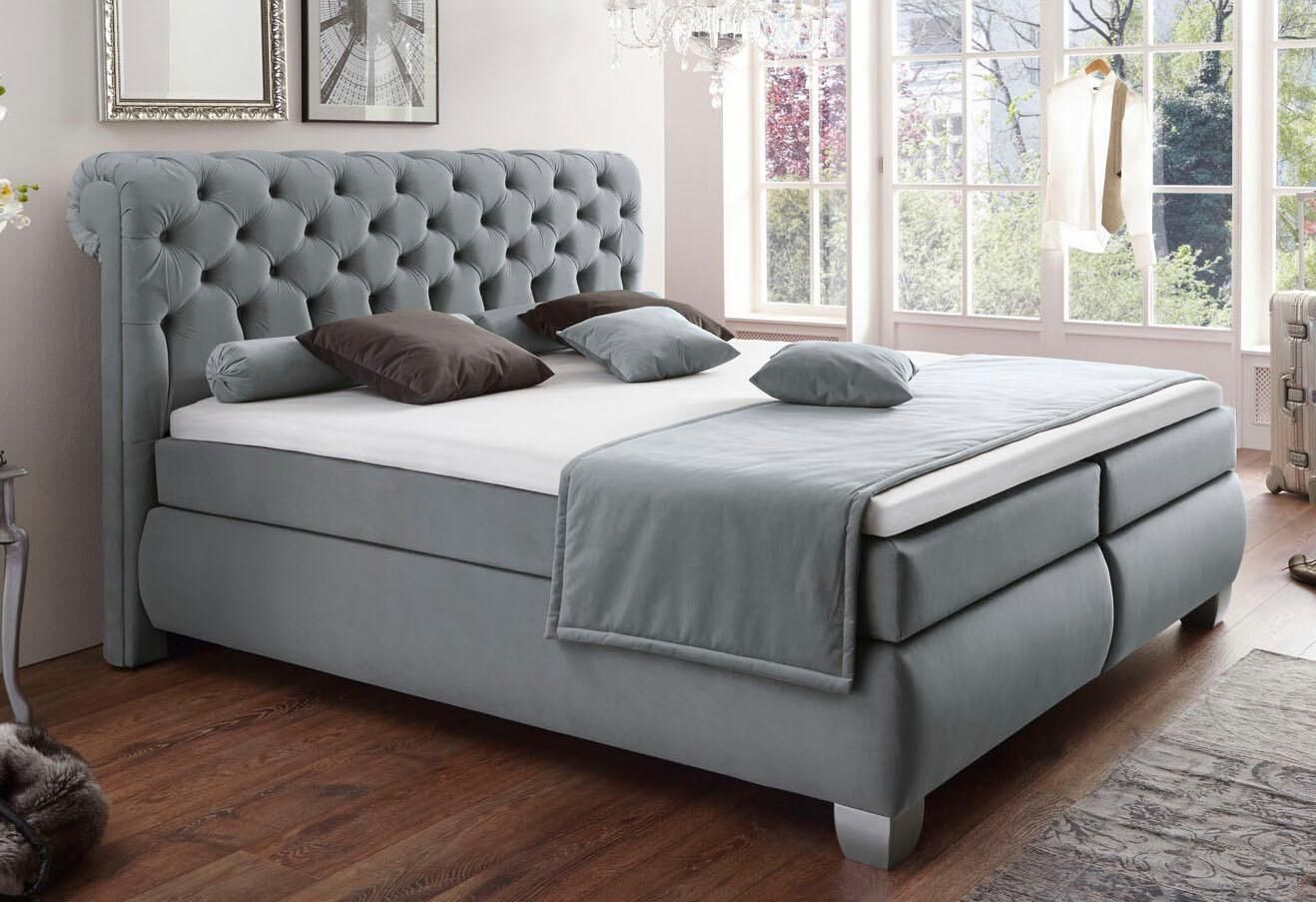 Boxspringbett HAPO, grau (hellgrau), B:194cm L:230cm, Spiegelflächen der Oberseite der Unterfederung und die Ober- und Unterseite der Obermatratze sind jeweils mit einem rutschhemmenden Stoff aus 100% Polyester bespannt.;Kopfteil, seitliche Unterbox und O