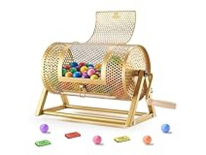 VEVOR Tambour de Tombola, 295x167 mm, Tambour de Loterie avec Poignée, Capacité de 100 Boules ou 2500 Tickets, Support Triangulaire, Boulier de Loto pour Événements, Fêtes, Couleur Or