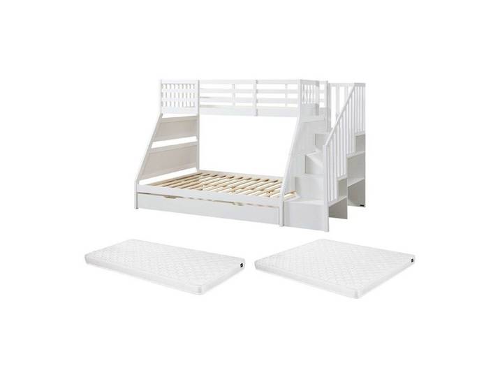 Lits superposés 90 et 140 x 190 cm avec rangements - Pin et MDF - Blanc + Matelas - LAKAYO