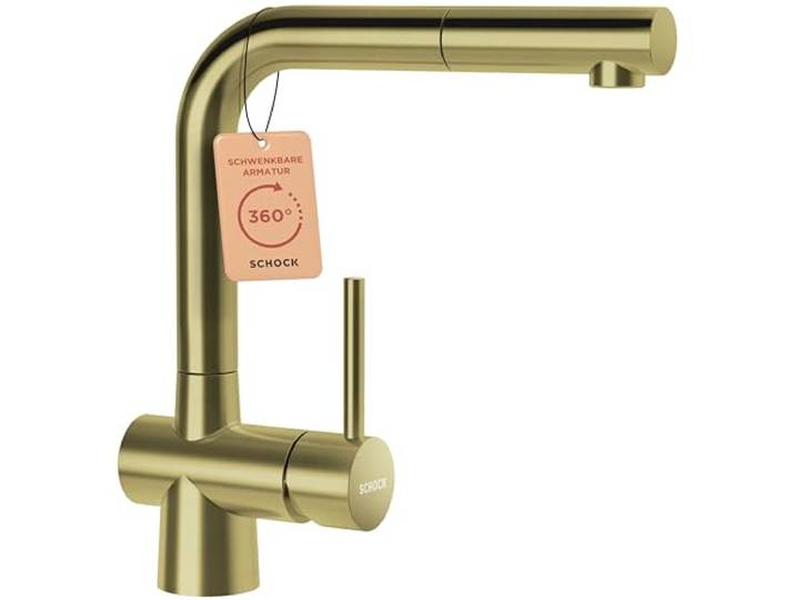 SCHOCK® Küchenarmatur LAIOS Whitegold I goldene Hochdruck Armatur mit ausziehbarer Schlauchbrause I 360° schwenkbar I Edelstahl mit PVD-Beschichtung I Einhebelmischer Standardanschlüsse I Höhe 285 mm
