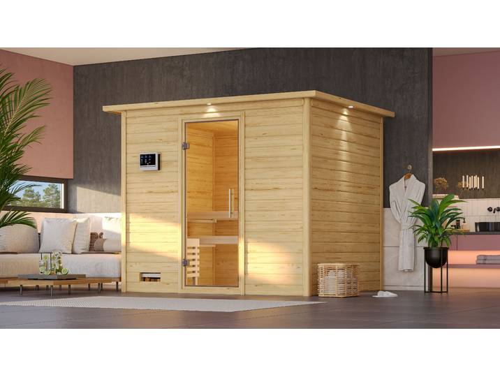 Sauna KARIBU Soraja , beige (naturbelassen), ohne Ofen, (ohne Ofen), Saunen, Sauna, ohne Ofen