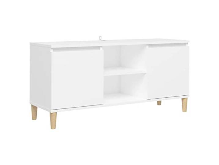 GHVBNMF TV-Schrank Weiß mit Massivholzbeinen 103,5x35x50 cm Skandinavisches Lowboard fürs Wohnzimmer bietet 2 Fächer und 2 offene Ablagen für Multimedia-Geräte und Medien.