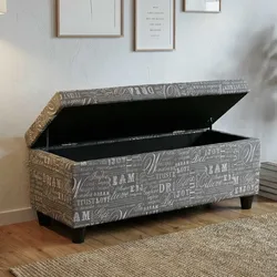 Aufbewahrungs-Truhe Kriens, Sitzbank Bank, Stoff/Textil, 45x114x45cm MVG-zertifiziert ~ Schriftzug, grau