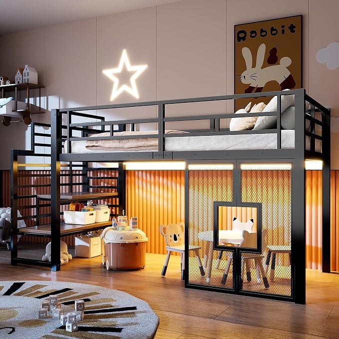 Jugendbett 90 x 200 cm Metall Hochbett mit Schreibtisch, LED-Beleuchtung, Kinderbett mit Treppe, Einzelbett mit Stauraum, Schwarz
