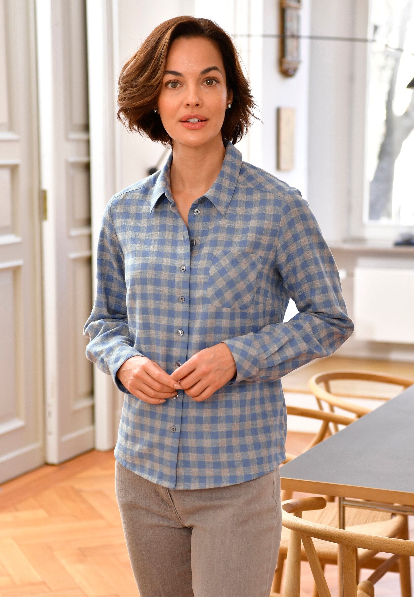 Hemdbluse WITT "Flanell-Bluse Hemdbluse in Flanell-Qualität", Damen, Gr. 44, blau (taubenblau, kariert), Flanell, , Sportlich, Blusen Hemdbluse