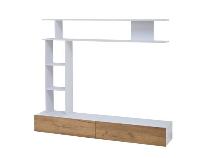 ROVRYN Ensemble mural TV 180 cm blanc et bois meuble TV avec 2 portes étagères ouvertes à poser ou à suspendre