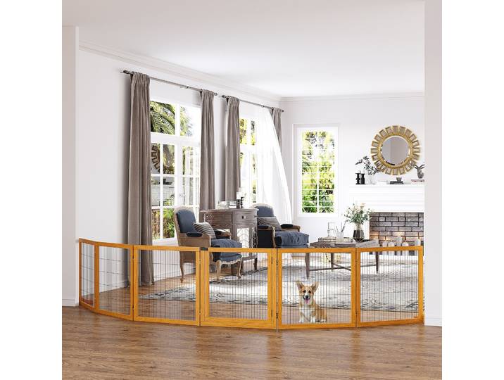 PawHut Barrière Chien 6 Panneaux Bois Jaune Pliable