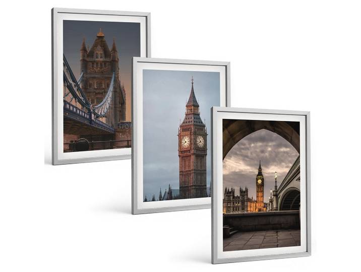 BILDER SET 3er Set - 40x60 cm Silberner Rahmen - London Bridge Big Ben Uhr