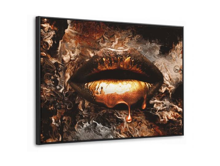 LEINWAND Bilder mit Rahmen - Gold - Lippen - Kunst - Gold - Luxus - Abstrakt - 100x70