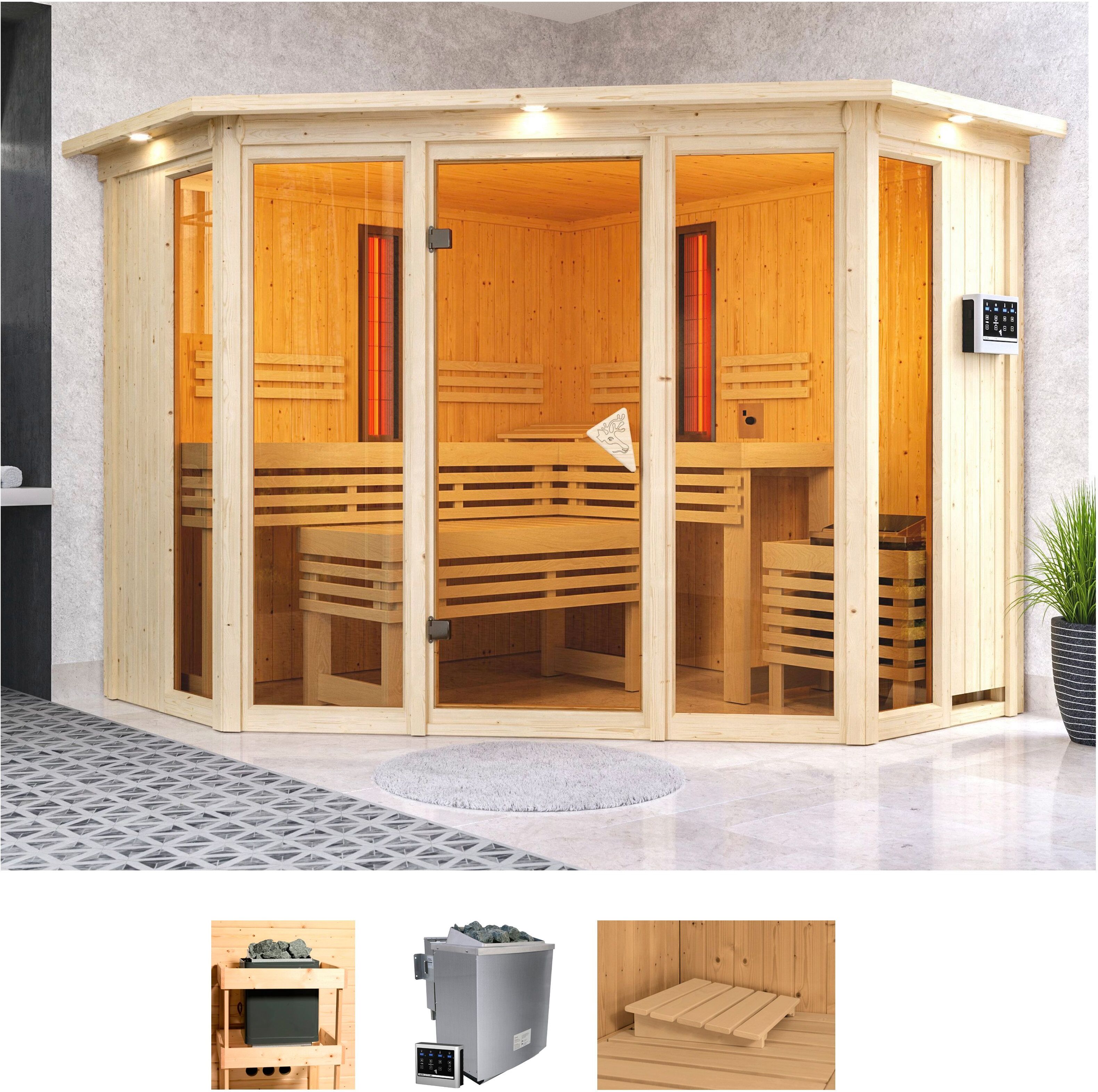 Sauna KARIBU "Adele", beige (naturbelassen), Bio-Kombiofen, externe Steuerung, 9 kW, Saunen, Ofen 9 kW Bio externe Strg easy