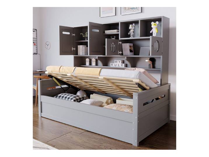 Flieks Massivholzbett, Einzelbett Kinderbett 90x200cm mit Staufächer und Hydraulik