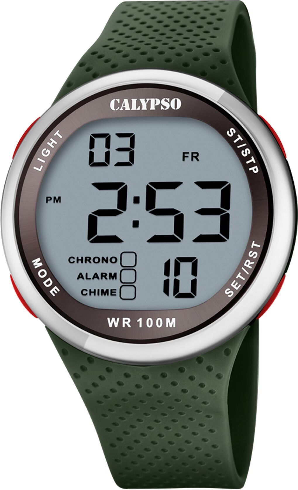 Chronograph CALYPSO WATCHES "Color Splash", grün (olivgrün), Armbanduhren, Herren, silberfarben-grün, Chronograph, Armbanduhr, Quarzuhr, Herrenuhr, digital, Datum, Stoppfunktion