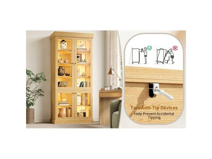 WOVREO Vitrine haute 4 portes vitrées LED intégrée aspect bois naturel 80 x 40 x 180 cm