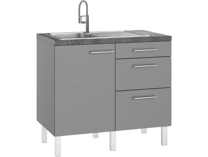 Pantryküche OPTIFIT Lilly , grau (küche: grau, front: basaltgrau, korpus: basalt grau, arbeitsplatte: schwarz stone), B:100cm H:90cm T:60cm, Komplettküchen-Sets, Pantryküche, Breite 100 cm