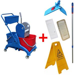 Böttcher-AG Reinigungswagen Set, Doppelfahrwagen, mit Presse, Bodenwischer 50 cm & 2 Eimern 25 Liter