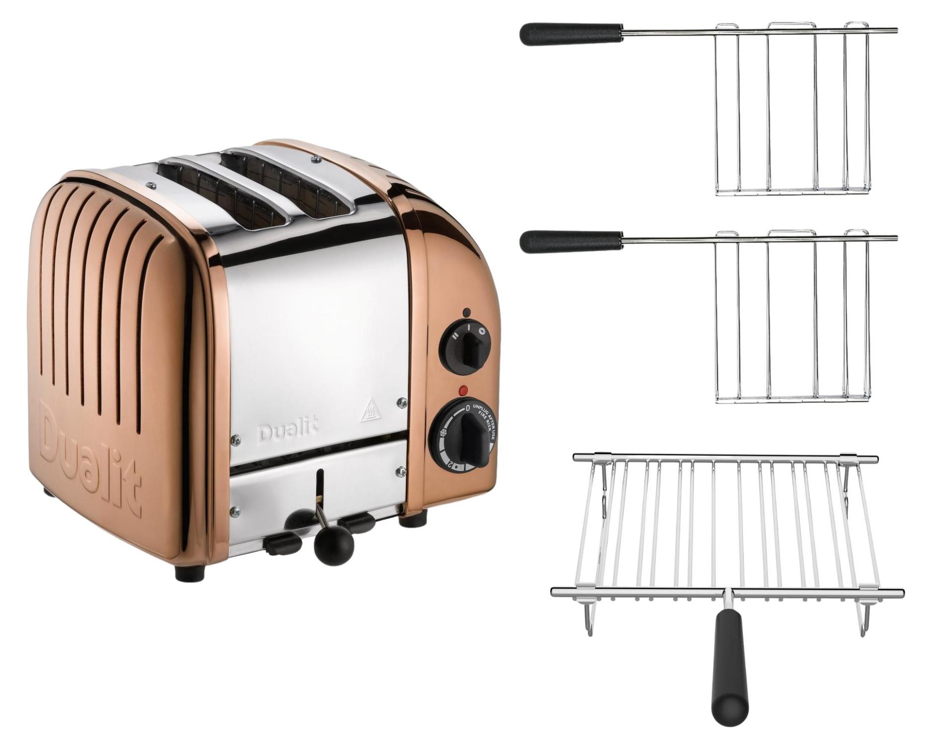 Dualit Toaster Paket 3, 2er Toaster mit Brötchenaufsatz und zwei Sandwichzangen kupfer