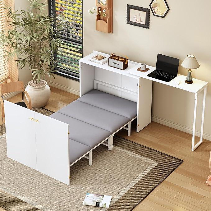 Klappbett 90x200 cm, mit drehbarem Schreibtisch und Matratze - Platzsparendes Schrankbett mit Rollen für kleine Räume, Gästezimmer und Homeoffice