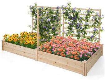 Costway Raised Garden Bed with 2 Planter Boxes and 3 Trellis-Natural