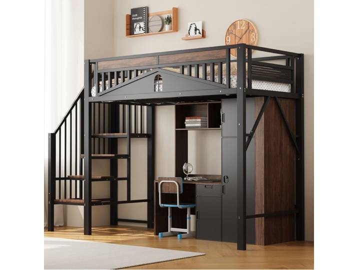 MEULVA Lit mezzanine 90 x 200 cm avec échelle sécurisée garde-corps en métal noir