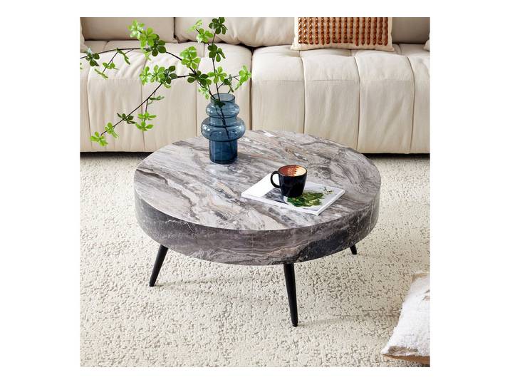 STILVORA Couchtisch Runder Kaffeetisch in grauer Marmoroptik mit schwarzen Metallbeinen (Sofatisch mit schwarzen Metallbeinen, Minimalistisches Design für Wohnzimmer und kleine Räume), Vielseitig einsetzbar, anpassungsfähig, einfache Montage