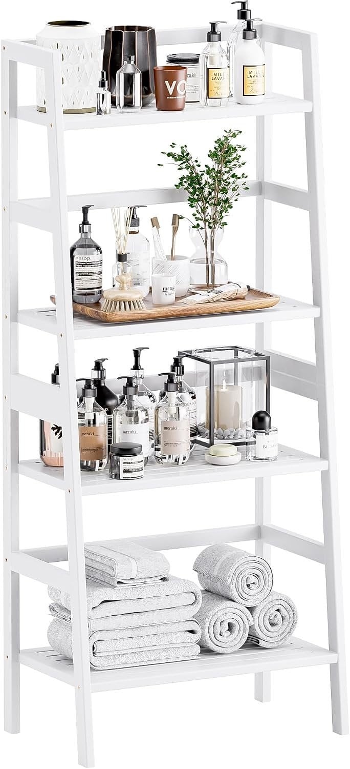 Vrijstaande 4-laagse bamboe ladderplank voor badkamer, plantenstandaard en decoratie, wit