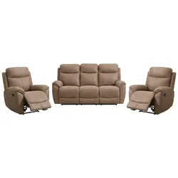 SITZGARNITUR Dolce, Sofa+zwei Sesseln mit Relaxfunktion, Sandfarben, Velours